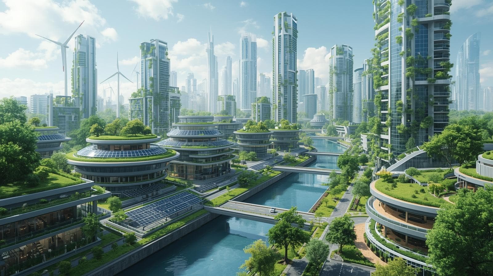 India's sustainable green cityscape — vertical gardens, solar panels, and clean infrastructure